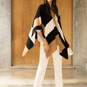 Parrish LA Stevie Poncho Wrap Black Camel Tan White Stripe OS Colorblock Winter